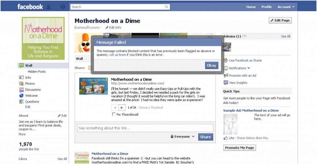 facebook spam screen shot