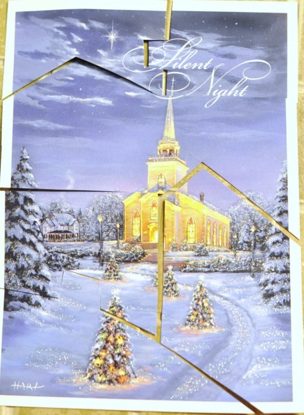 make a puzzle from a christmas card, busy bag idea