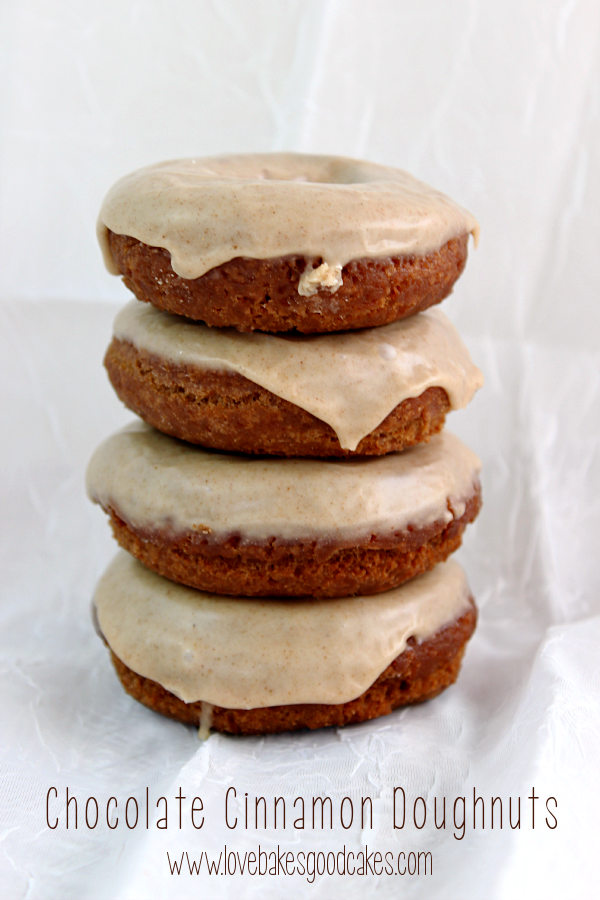Chocolate Cinnamon Doughnuts - a tender chocolate cinnamon doughnut with a tempting cinnamon glaze! #doughnuts #chocolate #cinnamon #breakfast