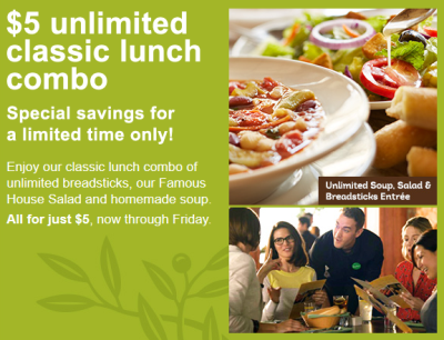 Olive Garden: $5 Unlimited Classic Lunch Combo Printable Coupon - Kids ...