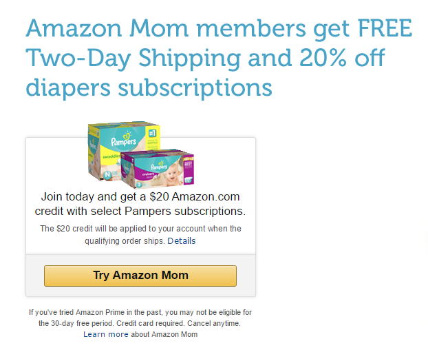 New Amazon Mom Members 20 Credit with Select Pampers Purchase Kids